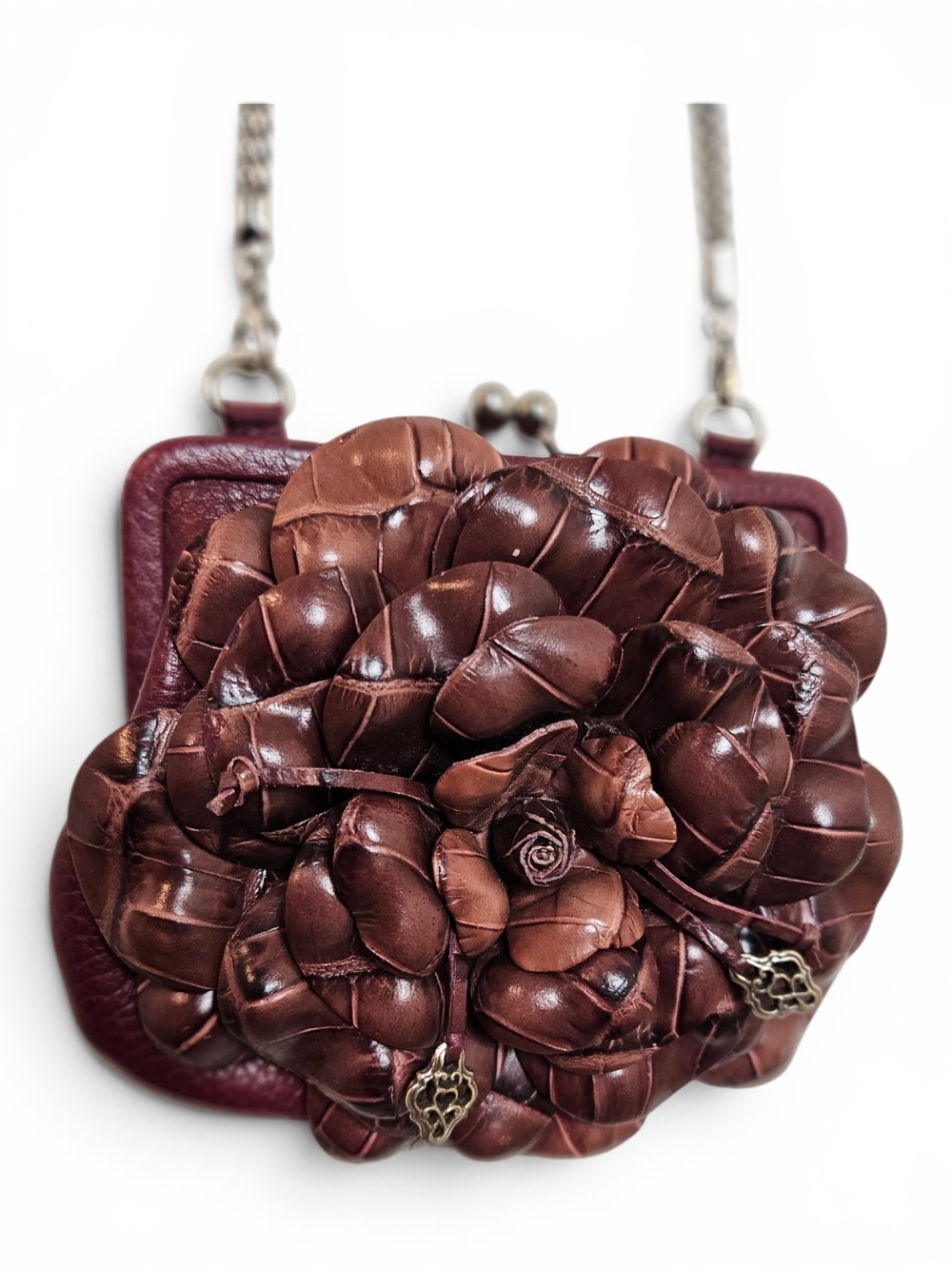 Brighton Roselie Mini Crossbody Bag Floral Kiss Lock Croc Emboss Leather Silver